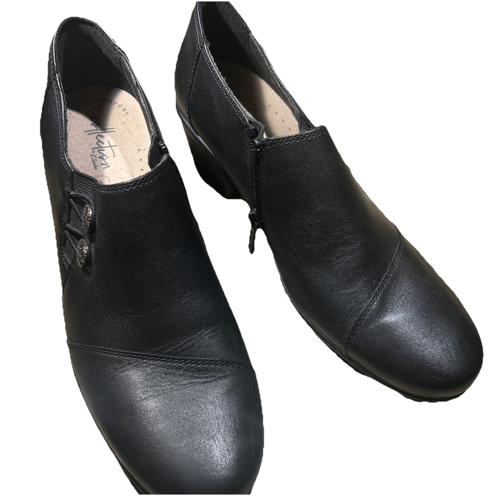 Clarks Collection Emslie Women 8.5N Narrow Black‎ Leather Block Heel Shoe Bootie
